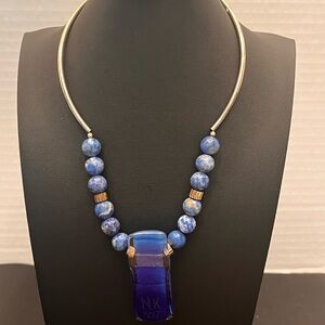 Signed Studio Art Glass Pendant Necklace MK 2007 Blue Sodalite Beads 18”